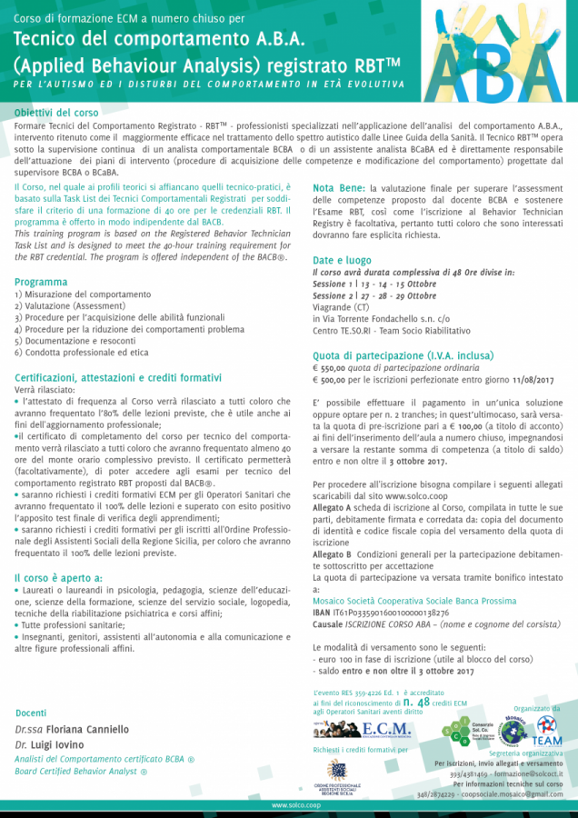 “Tecnico del comportamento A.B.A. (Applied Behaviour Analysis) registrato RBT™ ” - Corso di formazione II EDIZIONE